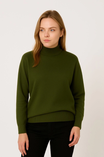 Yarım Boğaz Triko Kazak yumuşak dokulu Pamuklu ince Dokuma uzun kollu Rahat Regular kalıp - Haki