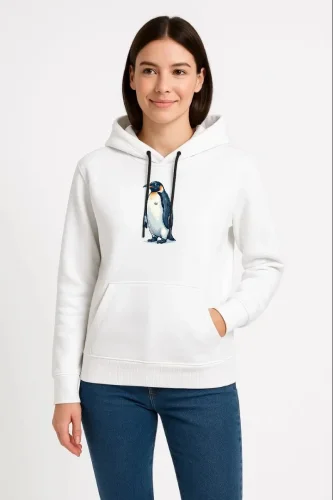 Oversize Hoodie - Sırt Baskılı Survivor Penguin Temalı Felsefi Yazılı Kapüşonlu Sweatshirt - Beyaz