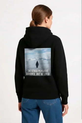 Oversize Hoodie - Sırt Baskılı Survivor Penguin Temalı Felsefi Yazılı Kapüşonlu Sweatshirt - Siyah