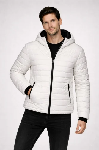 Erkek Şişme Kapüşonlu Fermuarlı Mont Su itici Kapitone Astarlı Kumaş Cepli Kışlık Rahat Kalıp - Krem