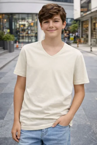 Genç Erkek Çocuk V Yaka Tişört Yazlık Model Günlük Basic Body - Taş