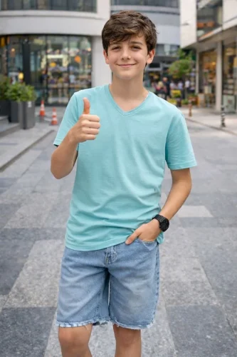Genç Erkek Çocuk V Yaka Tişört Yazlık Model Günlük Basic Body - Turkuvaz