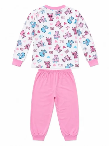 Kız Çocuk Premium Penye Kedi Desenli Uzun Kollu Pijama Takımı 2-11 Yaş - Pembe