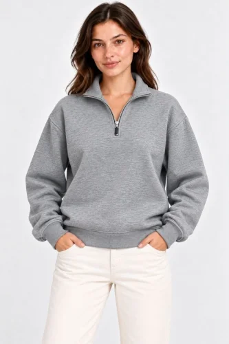 Üç İplik İçi Şardonlu Dik Yaka Yarım Fermuarlı Kışlık Sweatshirt - Grİ