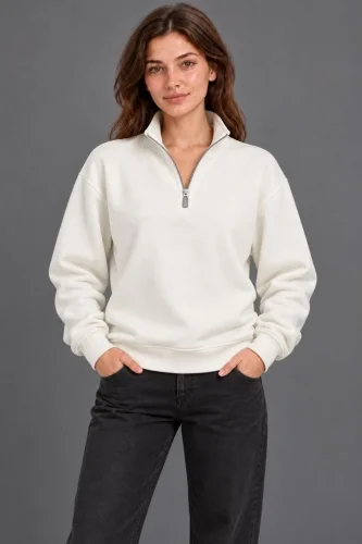 Üç İplik İçi Şardonlu Dik Yaka Yarım Fermuarlı Kışlık Sweatshirt - Beyaz