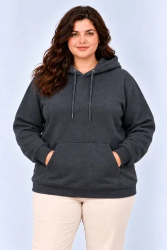 Battal Büyük Beden Üç İplik İçi Şardonlu Kapüşonlu Kanguru Cepli Kışlık Sweatshirt - Füme