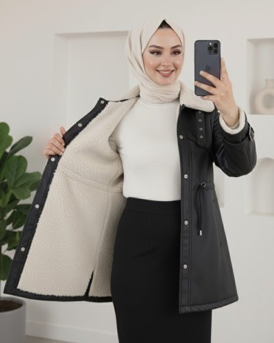 Tünel Bağcıklı İçi Kürklü ÇıtçıtlıVe Cepli Rüzgar Detaylı Deri Mont-Siyah