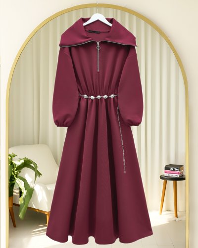 Boğazlı Yarım Fermuarlı Beli Büzgülü Kemerli Scuba Elbise -Bordo