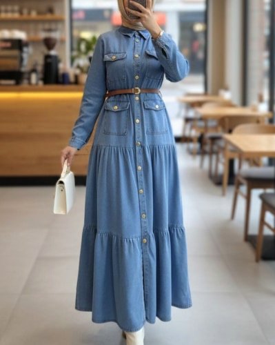 Boydan Düğmeli Cepli Kemerli Kot Elbise -Mavi