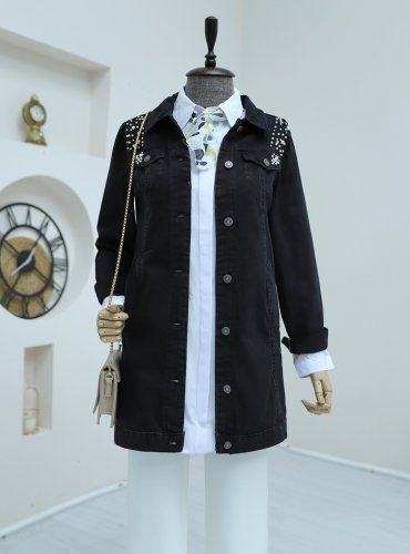 Taş İşlemeli Yıkamalı Kot Ceket  -Siyah