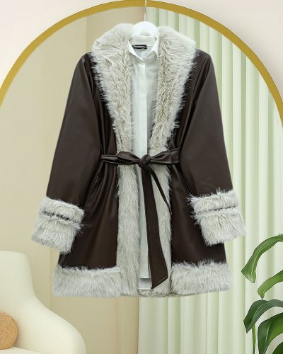 Yakası Ve Kolu Kürklü Astarlı Kemerli Deri Ceket -Kahve