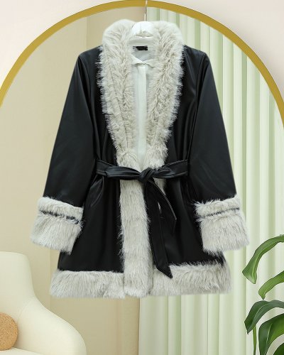 Yakası Ve Kolu Kürklü Astarlı Kemerli Deri Ceket -Siyah