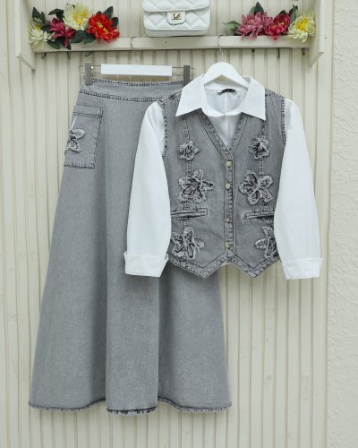 Desenli Etek Beli Lastikli Yelek Etek Kot Takım   -Gri