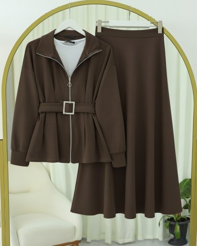 Beli Katlamalı Önü Fermuarlı Kemerli Etekli Penye Takım  -K Kahve