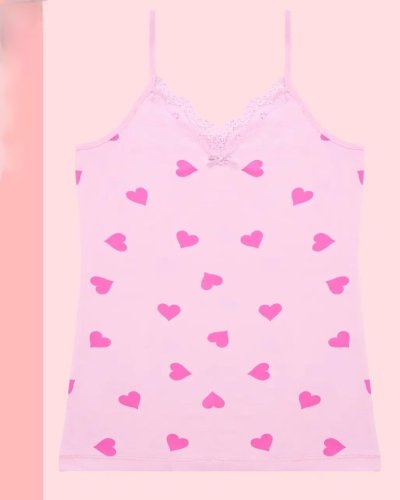 Kalp Desenli Askılı Dantelli Atlet -Pembe