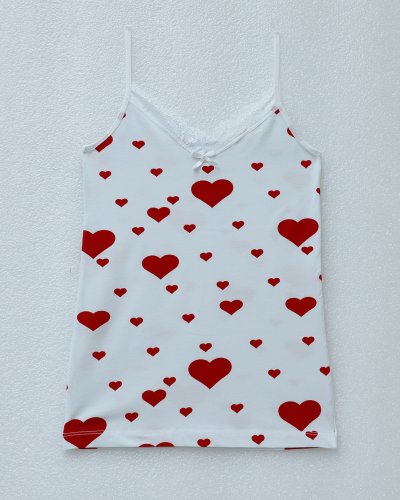 Kalp Desenli Askılı Dantelli Atlet -Beyaz