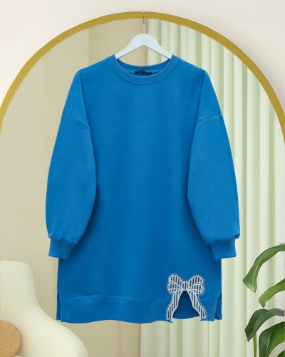 Yuvarlak Yaka Eteği Fiyonk Detaylı  Salaş Penye Tunik -Mavi