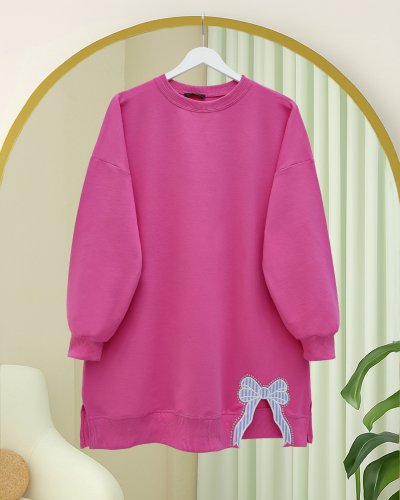 Yuvarlak Yaka Eteği Fiyonk Detaylı  Salaş Penye Tunik -Pembe