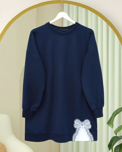 Yuvarlak Yaka Eteği Fiyonk Detaylı  Salaş Penye Tunik  -Laci