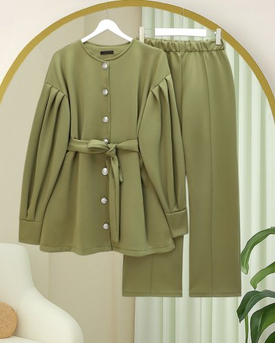 Beli Kemerli Önü Düğmeli Pantolonlu Scuba Takım  -Haki