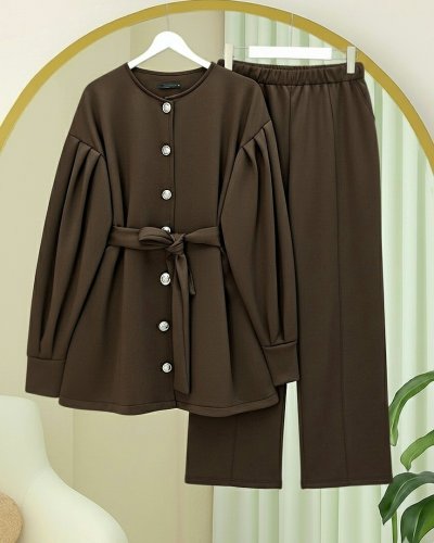 Beli Kemerli Önü Düğmeli Pantolonlu Scuba Takım  -Kahve