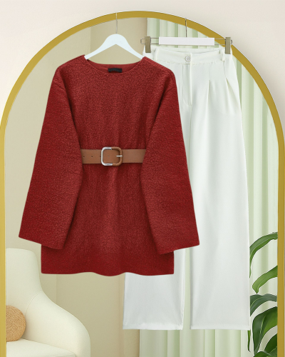 Kalın Kemerli Buklet Kazak  -Bordo