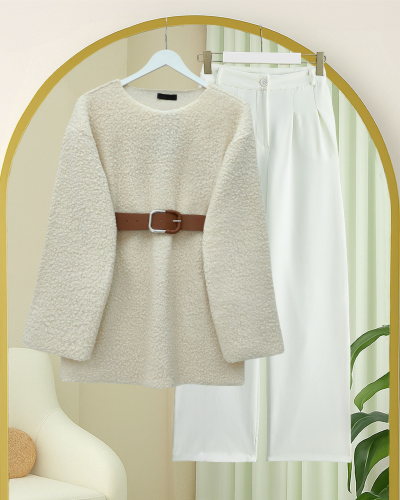 Kalın Kemerli Buklet Kazak  -Ekru