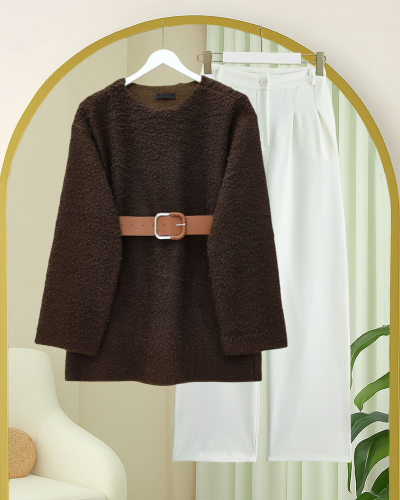 Kalın Kemerli Buklet Kazak  -Kahve