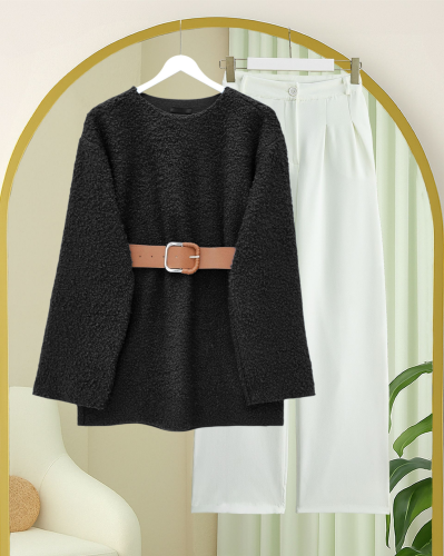 Kalın Kemerli Buklet Kazak  -Siyah