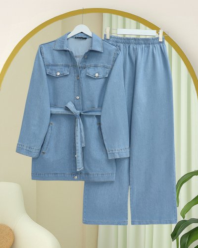 Düğmeli Beli Kemerli Cepli Kot İkili Takım -Açık Mavi