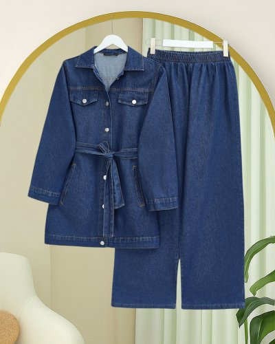 Düğmeli Beli Kemerli Cepli Kot İkili Takım -İndigo