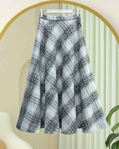 Ekose Desenli Yanı Fermuarlı  Kaşe Çan Etek   -Krem