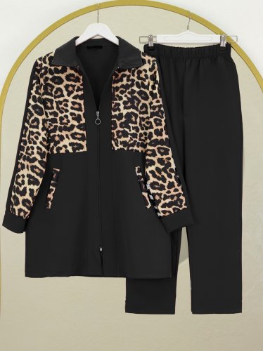 Gömlek Yaka Boydan Fermuarlı Pantolonlu Takım  -Siyah