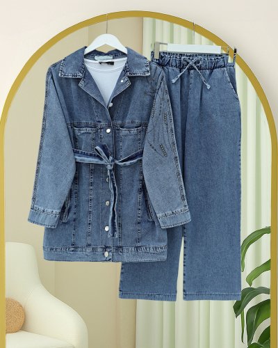 Cepli Önü Düğmeli Beli Kemerli Taşlı Kot Takım -Buz Mavi