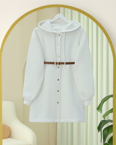 Kapşonlu Önü Çıtçıtlı Beli Kemerli Üç İplik Sweat Kap -Beyaz
