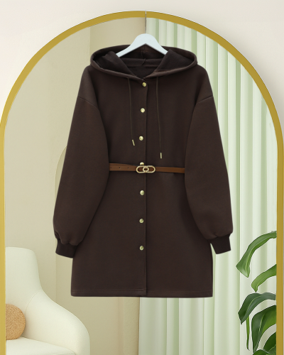 Kapşonlu Önü Çıtçıtlı Beli Kemerli Üç İplik Sweat Kap -Kahve