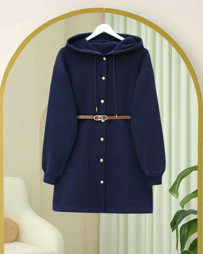 Kapşonlu Önü Çıtçıtlı Beli Kemerli Üç İplik Sweat Kap -Laci