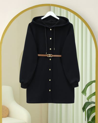 Kapşonlu Önü Çıtçıtlı Beli Kemerli Üç İplik Sweat Kap -Siyah