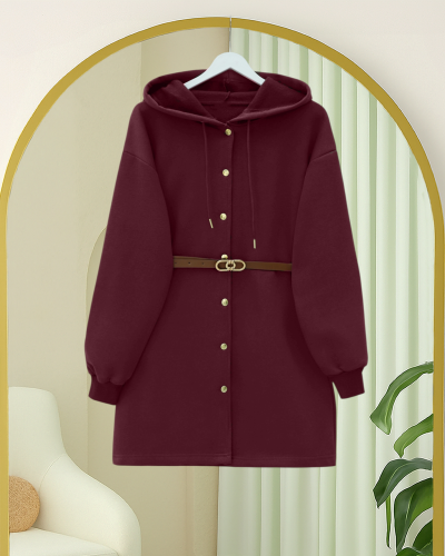 Kapşonlu Önü Çıtçıtlı Beli Kemerli Üç İplik Sweat Kap -Bordo
