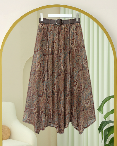 Asimetrik Kesim Astarlı Kemerli Şifon Etek -Haki