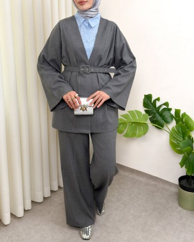 Kemerli Pantolonlu Kimono Takım  -Füme