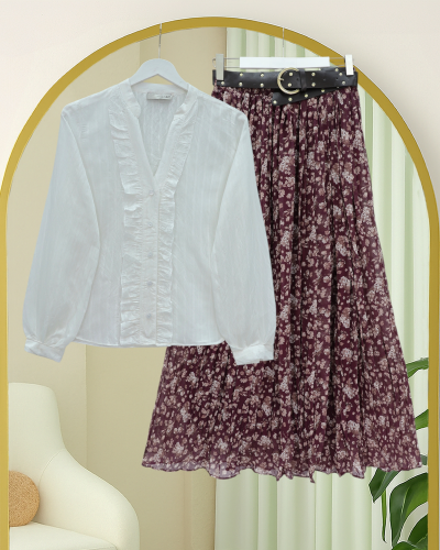 Çiçek Desenli Astarlı Kalın Kemerli Şifon Etek -Mürdüm