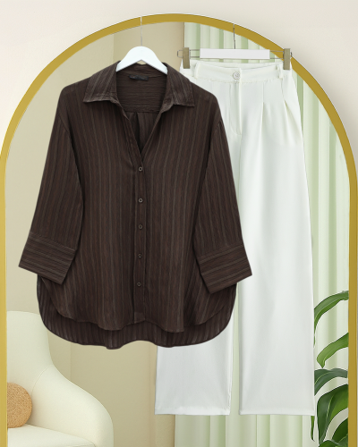 Çizgi Desen Oval Kesim Krinkıl Gömlek -Kahve