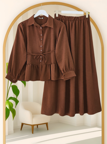 Parçalı Büzgülü Bluz Etekli Takım  -Kahve