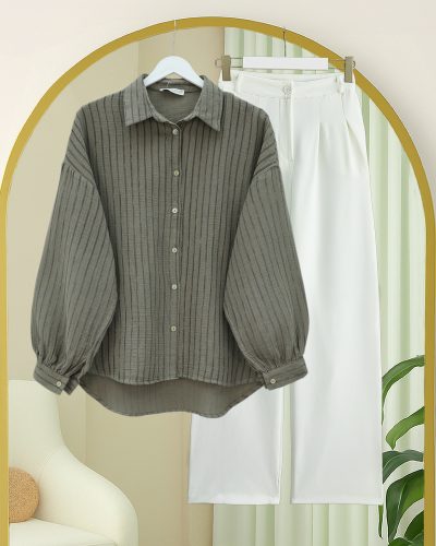 Dikiş Çizgili Arkası Uzun Salaş Müslin Gömlek  -Haki