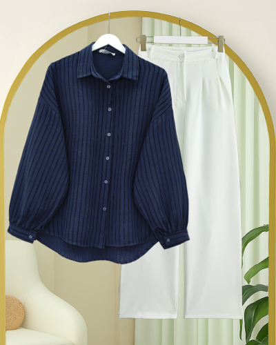 Dikiş Çizgili Arkası Uzun Salaş Müslin Gömlek  -Laci