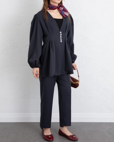 Taşlı Düğmeli Kolu Lastikli Double Pantolonlu Takım  -Laci