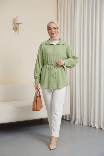 Beli Kemerli Dikiş Ve Pul Detaylı Düğmeli Gömlek -FYeşili