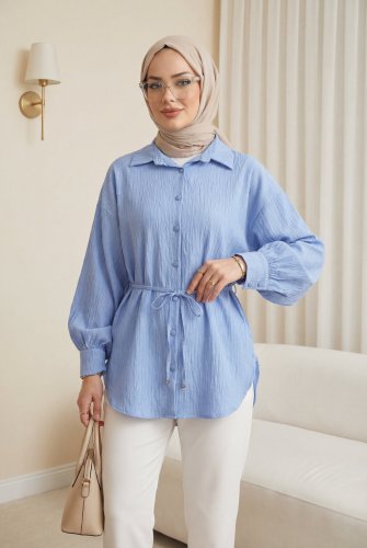 Beli Kemerli Dikiş Ve Pul Detaylı Düğmeli Gömlek -Mavi