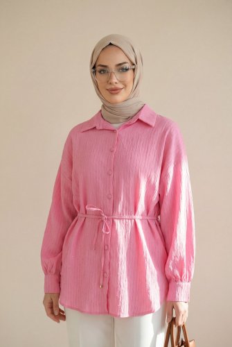 Beli Kemerli Dikiş Ve Pul Detaylı Düğmeli Gömlek -Pembe